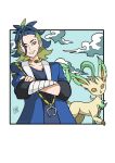  1boy 99akt1031 adaman_(pokemon) arm_wrap blue_coat border brown_eyes coat collar collarbone crossed_arms earrings eyebrow_cut grin highres jewelry leafeon male_focus pokemon pokemon_(creature) pokemon_(game) pokemon_legends:_arceus ponytail signature smile teeth white_border 