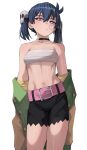  1girl belt belt_buckle black_hair black_shorts blush breasts buckle closed_mouth collarbone earrings green_jacket hair_between_eyes hair_ornament hands_in_pockets highres jacket jewelry ji-yoon_(jourd4n) jourd4n long_sleeves looking_at_viewer navel open_clothes open_jacket original pink_belt red_eyes sarashi short_shorts shorts simple_background skull_hair_ornament small_breasts solo standing twintails white_background 