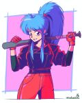  1girl baseball_bat blue_hair botan_(yu_yu_hakusho) breasts denim denim_jacket gloves jacket jeans long_hair looking_at_viewer pants ponytail purple_eyes red_gloves red_jacket smile solo umadura_ero yu_yu_hakusho 