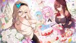  3girls aponia_(honkai_impact) apple_caramel birthday birthday_cake black_headband black_pantyhose black_shirt black_skirt blonde_hair breasts brown_hair brown_shirt cake closed_eyes collarbone cross cross_necklace eden_(honkai_impact) elysia_(honkai_impact) flower food fruit hair_between_eyes hand_fan happy_birthday headband highres honkai_(series) honkai_impact_3rd jewelry large_breasts long_bangs long_hair long_sleeves menu_board multiple_girls necklace off-shoulder_shirt off_shoulder official_art pantyhose pink_hair pointy_hair rose shirt skirt strapless strawberry very_long_hair white_flower white_headband white_rose 