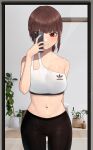  1girl absurdres arm_behind_back black_pants braid breasts brown_hair cellphone cowboy_shot crop_top eungi flower flower_pot highres holding holding_phone midriff navel original pants phone pink_nails red_eyes selfie short_hair smartphone solo triangle_mouth yoga_pants 
