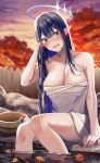 1girl absurdres autumn autumn_leaves black_hair blue_archive blue_eyes blue_halo blurry blurry_background blush breasts cleavage collarbone feet_out_of_frame halo highres large_breasts leaf long_hair looking_at_viewer maple_leaf naked_towel nicky_w onsen open_mouth outdoors pointy_ears rin_(blue_archive) sitting soaking_feet solo towel water wet white_towel 