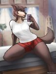  2023 5_fingers anthro beastars black_nose blue_eyes bottomwear breasts brown_body brown_fur canid canine canis cellphone clothed clothing female fingers fur gym_bottomwear gym_clothing gym_shorts hi_res humanoid_hands inside juno_(beastars) mammal mazahi-ani multicolored_body multicolored_fur phone shirt shorts signature smartphone solo t-shirt tan_body tan_fur topwear two_tone_body two_tone_fur wolf 