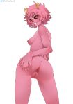  1girl absurdres anus ashido_mina ass back boku_no_hero_academia breasts colored_skin completely_nude greencash hand_on_own_ass highres horns nipples nude pink_hair pink_skin pussy simple_background smile solo twitter_username white_background 