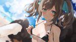  1girl absurdres adjusting_clothes adjusting_swimsuit alternate_hair_length alternate_hairstyle aogiri_koukou aqua_eyes bare_shoulders beach bikini black_bikini blue_sky blurry blurry_background blush breasts brown_hair cloud collarbone day dutch_angle eating food food_on_body food_on_breasts food_on_face hair_ribbon highres horizon kkix25 kurikoma_komaru looking_at_viewer ocean outdoors popsicle ribbon sidelocks sky solo string_bikini swimsuit twintails upper_body virtual_youtuber 