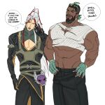  2boys =_= abs absurdres bara beard black_hair blush closed_eyes dark-skinned_male dark_skin dreadlocks earrings english_text facial_hair feet_out_of_frame happy highres jewelry k&#039;sante_(league_of_legends) large_pectorals league_of_legends long_hair male_focus mature_male multiple_boys muscular muscular_male navel navel_hair official_alternate_costume parody pectoral_cleavage pectorals santa_jima short_hair sigh speech_bubble standing thick_eyebrows two-tone_beard undersized_clothes very_dark_skin yone_(league_of_legends) 