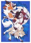  absurdres blue_background blue_eyes border claws closed_mouth commentary_request fangs fangs_out green_eyes highres ktyon3 looking_at_viewer lycanroc lycanroc_(dusk) lycanroc_(midday) lycanroc_(midnight) no_humans one_eye_covered open_mouth outside_border pokemon pokemon_(creature) red_eyes sharp_teeth simple_background sparkle spikes teeth tongue v-shaped_eyebrows white_border 
