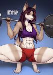  abc anthro athletic athletic_female belly_press bench blue_eyes bottomwear bra breasts brown_body brown_hair canid canine clothed clothing crouching digital_media_(artwork) ear_piercing exercise eyebrow_piercing eyebrows eyelashes facial_piercing female fingers gym gym_bottomwear gym_clothing gym_shorts hair hi_res ikstina lips long_hair looking_at_viewer mammal muscular muscular_anthro muscular_female on_haunches pawpads paws piercing short_tail shorts signature simple_background sitting solo sport sports_bra squats tail thick_lips thick_thighs underwear weightlifting workout 