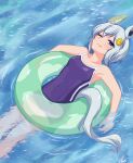  1girl absurdres animal_ears blue_eyes blue_hair breasts closed_mouth covered_navel feet_out_of_frame hair_ornament hairclip highres horse_ears horse_girl horse_tail innertube lexis_yayoi looking_at_viewer one-piece_swimsuit one_eye_closed partially_submerged purple_one-piece_swimsuit ripples seiun_sky_(umamusume) short_hair signature small_breasts smile solo swimsuit tail tracen_swimsuit umamusume water 