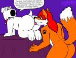  all_fours anal anthro bed blaziefox brian_griffin butt canid canine canis dialogue domestic_dog duo family_guy fox fur furniture licking looking_at_another looking_at_partner male male/male mammal oral orange_body orange_fur raised_tail rimming sex speech_bubble tail tbfm tongue tongue_out white_body white_fur 
