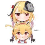  2girls animal_ear_fluff animal_ears blonde_hair cat_ears cat_girl cat_tail commentary cropped_torso english_commentary gorilla_mask hairband highres hololive hololive_indonesia kaela_kovalskia kemonomimi_mode long_hair looking_down looking_up mask mask_on_head multiple_girls multiple_persona official_alternate_costume open_mouth red_eyes red_hairband rokusketch simple_background tail twitter_username virtual_youtuber white_background 