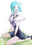 1other :d aqua_eyes aqua_hair aqua_tongue between_legs black_footwear collared_shirt colored_tongue crystal_hair full_body gem_uniform_(houseki_no_kuni) glowing glowing_hair grass hand_between_legs high_collar highres houseki_no_kuni loafers looking_to_the_side necktie on_grass open_mouth other_focus outdoors pale_skin parted_bangs phosphophyllite rokipanda shirt shirt_tucked_in shoes short_hair shorts sitting smile solo suspender_shorts suspenders suspenders_gap wariza white_shirt 