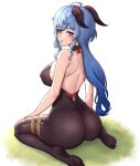  1girl absurdres ahoge ass back backless_outfit bare_arms bare_shoulders black_pantyhose blue_hair blush bodystocking bow breasts covered_nipples feet from_behind ganyu_(genshin_impact) genshin_impact highres horns large_breasts long_hair looking_at_viewer low_ponytail no_gloves no_shoes open_mouth pantyhose purple_eyes sidelocks sitting sleeveless soles solo taiyo_(foxtaiyo) thighlet thighs wariza 