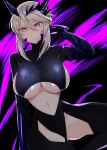  1girl absurdres artoria_pendragon_(fate) artoria_pendragon_(lancer_alter)_(fate) black_bodysuit bodysuit breasts closed_mouth clothing_cutout fate/grand_order fate_(series) grey_eyes grey_hair hair_between_eyes hair_ornament highres huge_breasts kankitsu_kei looking_at_viewer navel revealing_clothes ribbed_bodysuit short_hair sidelocks solo turtleneck 