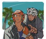  2boys animal_ears animal_hat black_hair coat collarbone dog_ears earrings eating facial_hair food food_on_face goatee green_hair hat holding holding_food jewelry kalk0011 long_sideburns looking_afar male_focus multiple_boys one_eye_closed one_piece open_clothes open_shirt palm_tree pointing roronoa_zoro scar scar_across_eye shirt short_hair sideburns tattoo trafalgar_law tree undershirt 