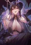 1girl azur_lane bare_shoulders black_hair blush breast_curtains breasts chain cleavage golden_hind_(azur_lane) hands_up highres horns large_breasts long_hair mole mole_under_mouth navel open_mouth paid_reward_available purple_eyes sea_nami smile tentacles tongue 