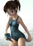  1girl adjusting_clothes adjusting_swimsuit breasts brown_hair commentary_request covered_nipples diving_mask goggles grey_one-piece_swimsuit highres holding one-piece_swimsuit original ponytail rohitsuka school_swimsuit short_hair signature small_breasts solo swimsuit wading water wet wet_clothes wet_swimsuit white_background 