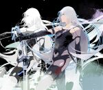  1girl android armlet asymmetrical_legwear black_background black_gloves black_shorts black_tank_top black_thighhighs blue_outline breasts cofffee elbow_gloves floating_hair gloves grey_eyes holding holding_sword holding_weapon joints katana light_particles long_hair medium_breasts mismatched_legwear nier:automata nier_(series) outline robot_joints short_shorts shorts single_thighhigh solo sword tank_top thighhighs very_long_hair virtuous_contract weapon white_hair yorha_type_a_no._2 zoom_layer 