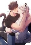  2boys absurdres animal_ears black_pants blue_pants brown_hair brown_shirt cat_boy cat_ears cat_tail closed_eyes closed_mouth french_kiss highres ilay_riegrow jeong_taeui kiss male_focus multiple_boys o_ssion open_mouth pants passion_(manhwa) shirt tail white_hair white_shirt yaoi 