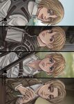  1boy absurdres aerha_(erha) age_progression armin_arlert artist_name blonde_hair blue_eyes blurry blurry_background commentary english_commentary highres looking_at_viewer male_focus outdoors own_hands_together shingeki_no_kyojin smile solo sweatdrop teeth twitter_logo 