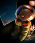  1boy absurdres big_nose brown_hair candle caustics closed_eyes curled_up frown gloves helmet highres iat-418 lit_candle night night_sky olimar onion_(pikmin) pikmin_(series) radio_antenna red_bag red_gloves sitting sky space_helmet spacecraft spacesuit tile_floor tiles window 