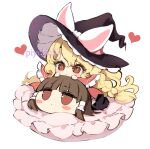  2girls artist_name black_headwear blonde_hair bow braid brown_eyes brown_hair closed_mouth hair_bow hair_tubes hakurei_reimu hat heart kirisame_marisa long_hair multiple_girls piyokichi red_bow sidelocks simple_background single_braid touhou unfinished_dream_of_all_living_ghost white_background witch_hat yukkuri_shiteitte_ne 