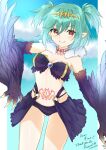  1girl ass_visible_through_thighs black_feathers black_wings breasts claws cleavage commission feathers green_hair hair_between_eyes harpy highres indie_virtual_youtuber lincoro miyami_(sirukasiruka) monster_girl navel pointy_ears red_eyes short_twintails skeb_commission small_breasts smile solo stomach_tattoo tattoo thank_you tiara twintails virtual_youtuber winged_arms wings 