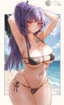  absurdres arms_behind_head beach bikini black_bikini breasts commission eyepatch_bikini hair_ornament highres long_hair looking_at_viewer mole mole_under_eye pixiv_commission purple_hair red_eyes star_(symbol) star_hair_ornament swimsuit tatakau_ataisuru tattoo vodeferr yamaguchi_ryouko 