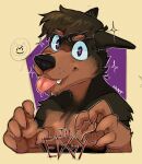  anthro black_nose blep brown_body brown_fur brown_hair canid canine canis dobermann domestic_dog english_text fangs fur hair looking_at_viewer lowkey_nottoast male mammal pinscher portrait purple_eyes smile snoop_(snoopydoggeh) solo sparkles teeth text tongue tongue_out 