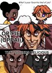  1girl 2boys amanda_(amanda_the_adventurer) amanda_the_adventurer creepy_chin_joey_wheeler_(meme) english_text highres holostars meme multicolored_eyes multicolored_hair multiple_boys necktie orange_eyes parody purple_eyes red_hair smile tagme wooly_(amanda_the_adventurer) yu-gi-oh! yukoku_roberu 