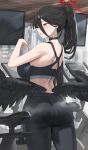  1girl alternate_costume ass bare_arms bare_shoulders black_choker black_hair black_pants black_sports_bra blue_archive blush breasts choker from_behind hair_between_eyes halo hasumi_(blue_archive) highres hood_(james_x) indoors large_breasts long_hair low_wings pants parted_lips ponytail red_eyes red_halo solo sports_bra steam television thighs treadmill wings yoga_pants 