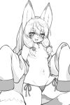  2023 anthro asian_clothing bell black_ear_tips breasts canid canine chest_tuft clothed clothing dipstick_tail east_asian_clothing eyebrow_through_hair eyebrows female fox hair japanese_clothing kemono kida_kuro_mu kimono koko_(kishibe) looking_at_viewer mammal markings monochrome navel nipples panties shaded_line_art side-tie_panties sitting small_breasts smile solo tail tail_markings thick_eyebrows thong topless translucent translucent_hair tuft underwear 