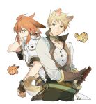  2boys animal_ears black_shirt blonde_hair brown_gloves brown_vest buttons choker closed_mouth collarbone commentary cropped_legs cropped_shirt dog dog_ears dog_tail fingerless_gloves gloves green_choker green_eyes guy_cecil highres jacket long_sleeves luke_fon_fabre male_focus multiple_boys popped_collar rabbit rabbit_ears red_eyes sheath sheathed shirt short_hair short_sleeves sidelocks sweatdrop sword symbol-only_commentary tail tales_of_(series) tales_of_the_abyss upper_body vest weapon white_background white_jacket white_shirt xing_20 