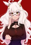  1girl absurdres adjusting_eyewear ahoge animal_ears arm_under_breasts biwa_hayahide_(umamusume) black_shirt blonde_hair breasts chinese_knot closed_mouth glasses hair_ornament hand_up highres horse_ears long_hair long_sleeves looking_at_viewer red_background semi-rimless_eyewear shirt small_breasts smile solo tsukasa_(avdx5538) twitter_username umamusume upper_body white_hair 