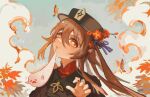  1girl boo_tao_(genshin_impact) bright_pupils brown_coat brown_hair bug butterfly closed_mouth coat flower flower-shaped_pupils genshin_impact ghost hair_between_eyes hand_up hat hat_flower hat_tassel highres hu_tao_(genshin_impact) jewelry long_hair looking_at_viewer mizupein orange_eyes portrait red_shirt ring shirt simple_background smile solo symbol-shaped_pupils twintails twitter_username white_pupils 