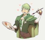  1boy closed_eyes fingerless_gloves fire_emblem glasses gloves green_hair heart highres ignatz_victor open_mouth paint paintbrush quill solo soranker 