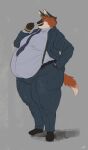  2021 anthro belly belly_overhang belt big_belly bottomwear business_suit canid canine canis cettus clenched_teeth clothed clothing dress_shirt footwear fur grey_background hand_in_pocket hi_res holding_object jacket male mammal maned_wolf necktie obese obese_anthro obese_male orange_body orange_fur overweight overweight_anthro overweight_male pants pockets shirt shoes simple_background solo standing suit suspenders teeth topwear wolf 