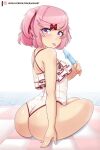  1girl absurdres alternate_costume artist_name ass bare_arms bare_shoulders doki_doki_literature_club food from_behind hair_ornament hair_ribbon hairclip highres holding holding_food holding_ice_cream ice_cream layered_swimsuit looking_back natsuki_(doki_doki_literature_club) pink_hair purple_eyes raion_(raionart) red_ribbon ribbon saliva saliva_trail shiny_skin short_hair sitting solo swimsuit tongue tongue_out white_background white_swimsuit 