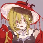  1girl bat_girl belt blonde_hair blood blood_stain choker dress highres idolmaster idolmaster_cinderella_girls kurosaki_chitose licking_lips long_hair red_dress red_eyes red_headwear tongue tongue_out vampire 