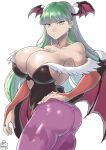  1girl animal_print ass bat_print bat_wings breasts chikoinochi cleavage clothing_cutout demon_girl fur-trimmed_leotard fur_trim green_hair head_wings heart_cutout highres huge_ass large_breasts leotard long_hair looking_at_viewer low_wings morrigan_aensland pantyhose print_pantyhose purple_pantyhose purple_wings simple_background vampire_(game) wings 