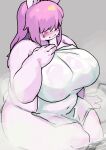  abstract_background absurd_res akitaka anthro biped blush bodily_fluids breasts embarrassed female fur hair hair_over_eyes hand_on_breast hi_res lagomorph leporid long_hair mammal overweight overweight_anthro overweight_female partially_submerged pink_body pink_fur pink_hair rabbit sitting solo sweat sweatdrop towel towel_only 