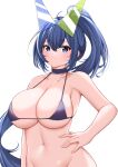 1girl :3 absurdres azur_lane bare_shoulders bikini blue_bikini blue_choker blue_eyes blue_hair breasts catnnn choker cleavage closed_mouth collarbone commentary_request groin hair_between_eyes hair_intakes hand_on_own_hip headgear highres large_breasts light_blush long_hair looking_at_viewer navel new_jersey_(azur_lane) new_jersey_(midsummer_leisure)_(azur_lane) official_alternate_costume ponytail sidelocks simple_background smile solo standing stomach swimsuit upper_body very_long_hair white_background 