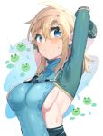  1girl arms_up blue_eyes blush breasts dress earrings frog genderswap genderswap_(mtf) green_dress hair_between_eyes highres jewelry large_breasts link long_hair long_sleeves ponytail shiny_clothes sideboob single_sleeve solo sweatdrop the_legend_of_zelda the_legend_of_zelda:_tears_of_the_kingdom ttanuu. upper_body water wet white_background 