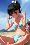  2girls absurdres aqua_bikini barefoot beach bikini black_hair blue_sky blurry blurry_background breasts brown_eyes cloud day hair_ribbon highres indian_style matsunaga_kouyou multiple_girls ocean original outdoors polka_dot polka_dot_bikini ponytail ribbon short_hair sitting sky small_breasts solo_focus swimsuit untied untied_bikini 