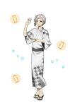  1boy bad_source black_hair bungou_stray_dogs feet fingernails grey_hair japanese_clothes kimono looking_at_viewer male_focus multicolored_hair nakajima_atsushi_(bungou_stray_dogs) official_alternate_costume official_art open_mouth short_sleeves smile solo streaked_hair toenails toes transparent_background white_kimono wide_sleeves yellow_eyes yukata 
