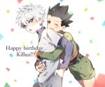  2boys box child commentary_request cowboy_shot english_text gift gift_box hand_in_pocket happy_birthday highres holding holding_gift hug hug_from_behind hunter_x_hunter killua_zoldyck male_child male_focus multiple_boys one_eye_closed open_mouth saba_miso short_hair simple_background spiked_hair tick white_background white_hair 
