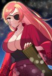  1girl baiken big_hair breasts cleavage et_chi eyepatch facial_tattoo floral_print guilty_gear guilty_gear_strive guilty_gear_strive_x_tower_records highres japanese_clothes kimono large_breasts long_hair long_sleeves looking_at_viewer one-eyed open_clothes open_kimono pink_hair print_kimono red_eyes red_kimono samurai smile summer_festival tattoo tower_records yukata 