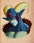  1boy blue_skin brown_background colored_skin commentary_request dragon_ball dragon_ball_super forehead_jewel highres horns male_focus moro_(dragon_ball) pointy_ears portrait red_eyes salvamakoto serious solo spanish_commentary 