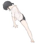  1girl 1ssakawaguchi ahoge barefoot black_shorts expressionless from_side full_body grey_eyes hands_on_ground highres ichika_(1ssakawaguchi) looking_down nape original shirt short_ponytail shorts side_split simple_background spread_legs stretching toes white_background white_shirt wide_spread_legs 