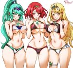  3girls alternate_costume artist_name bikini blonde_hair breasts cleavage dated earrings green_eyes green_hair jewelry large_breasts long_hair looking_at_viewer medium_breasts mina_cream multiple_girls mythra_(xenoblade) narrow_waist pneuma_(xenoblade) ponytail pyra_(xenoblade) red_bikini red_eyes red_hair revision short_hair smile swimsuit underboob white_background xenoblade_chronicles_(series) xenoblade_chronicles_2 yellow_eyes 